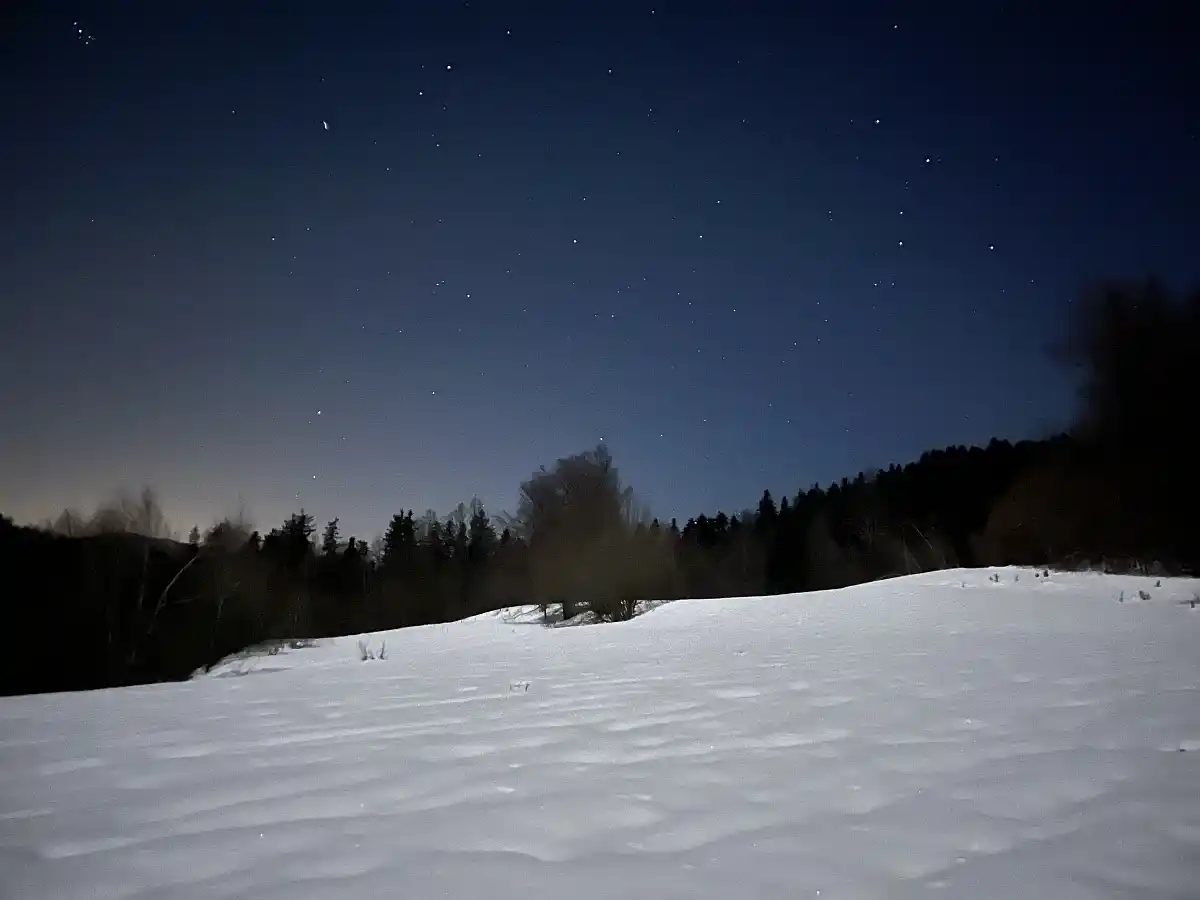 Proljetna oaza Fužine - snijeg, šuma, noć