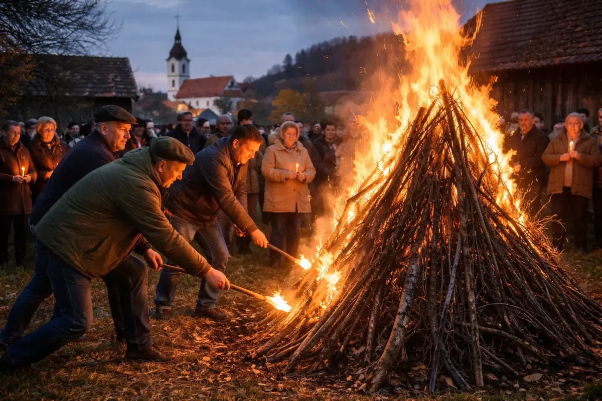 Foto: AI generirano / ChatGPT (OpenAI) — ilustracija za Turističke priče, paljenje krijesa, uskrs običaji,